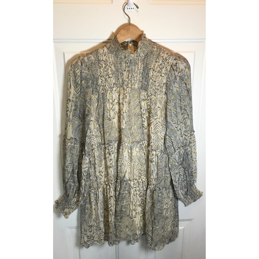 Olivaceous Womens Med Smocked Tiered Mini Dress Gold Metallic Boho Long
